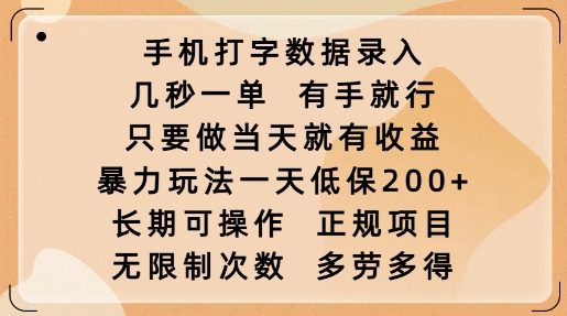 手机打字数据录入，几秒一单，有手就行，只要做当天就有收益，暴力玩法一天低保2张-不二学院