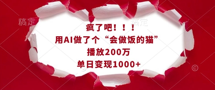 疯了吧！用AI做了个“会做饭的猫”，播放200万，单日变现1k-不二学院
