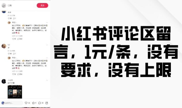 小红书评论区留言，1元条，没有要求，没有上限-不二学院
